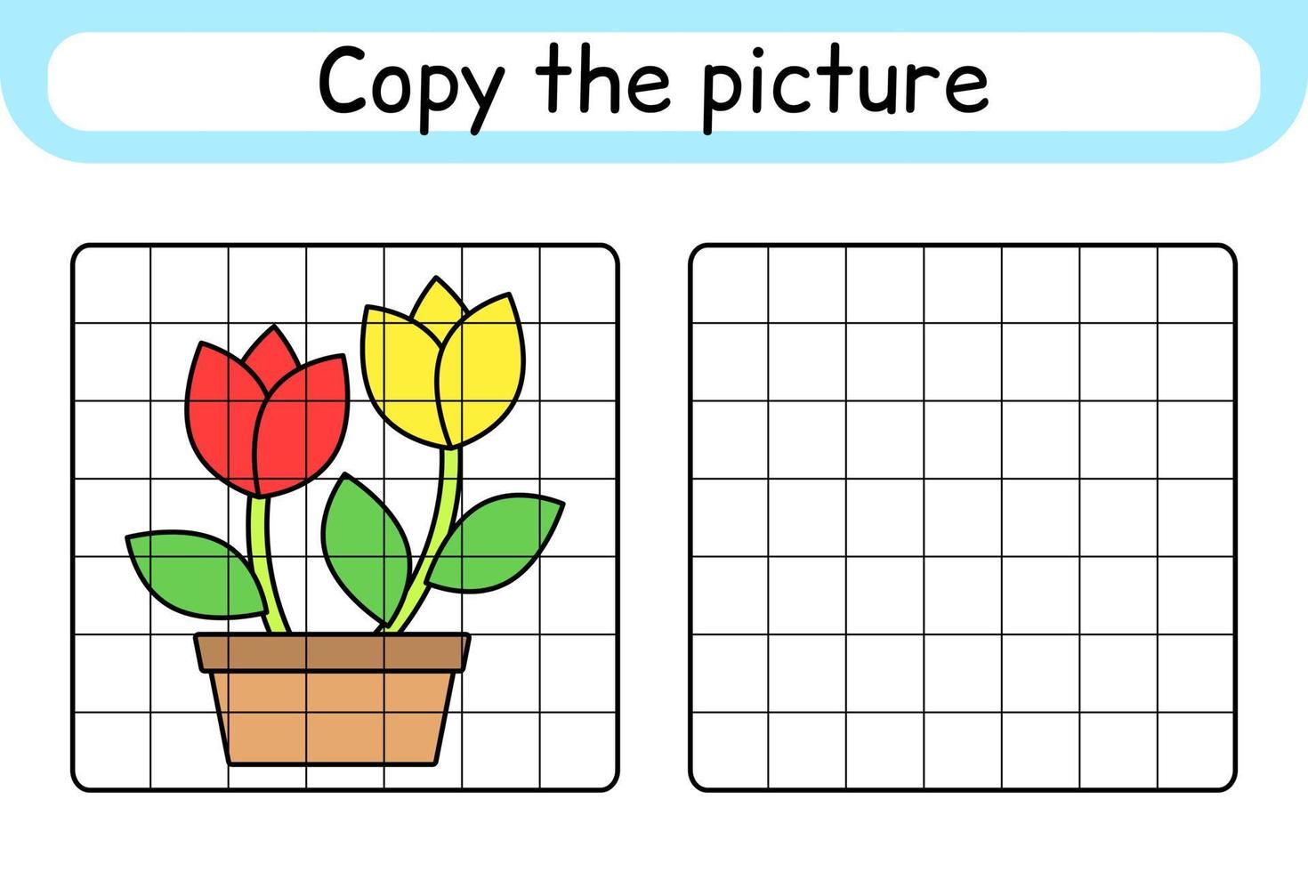 Copy the picture and color flower tulip. Complete the picture. Finish the image. Coloring book. Educational drawing exercise game for children vector