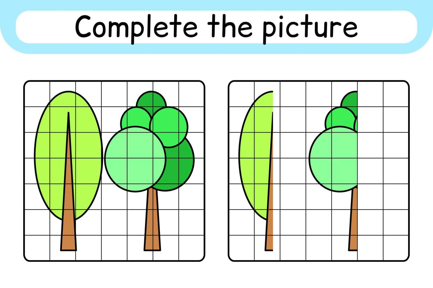 Complete the picture tree. Copy the picture and color. Finish the image. Coloring book. Educational drawing exercise game for children vector