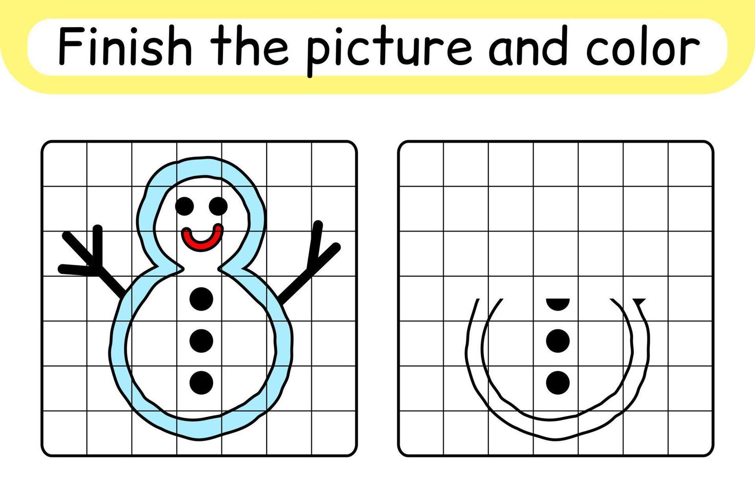 Complete the picture snowman. Copy the picture and color. Finish the image. Coloring book. Educational drawing exercise game for children vector