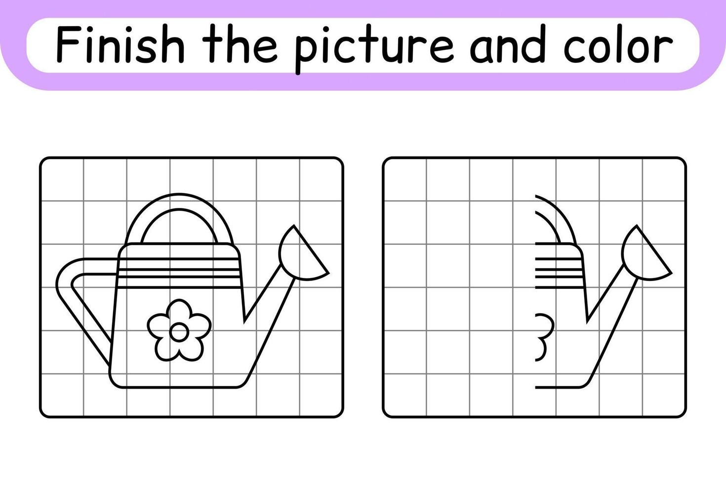 Complete the picture watering can. Copy the picture and color. Finish the image. Coloring book. Educational drawing exercise game for children vector