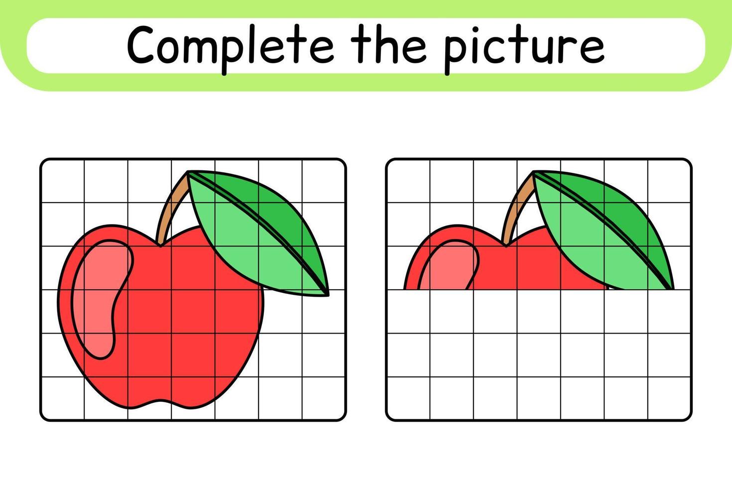 completa la imagen de la manzana. copiar la imagen y el color. terminar la imagen. libro de colorear. juego educativo de ejercicios de dibujo para niños vector