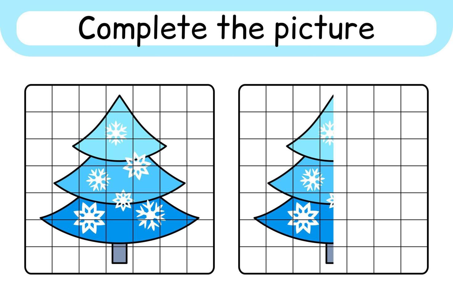 Complete the picture christmas tree. Copy the picture and color. Finish the image. Coloring book. Educational drawing exercise game for children vector