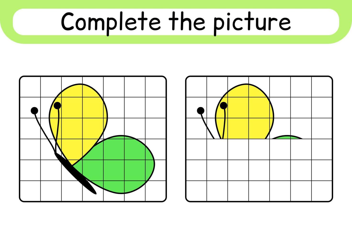 Completa la imagen de la mariposa. copiar la imagen y el color. terminar la imagen. libro de colorear. juego educativo de ejercicios de dibujo para niños vector