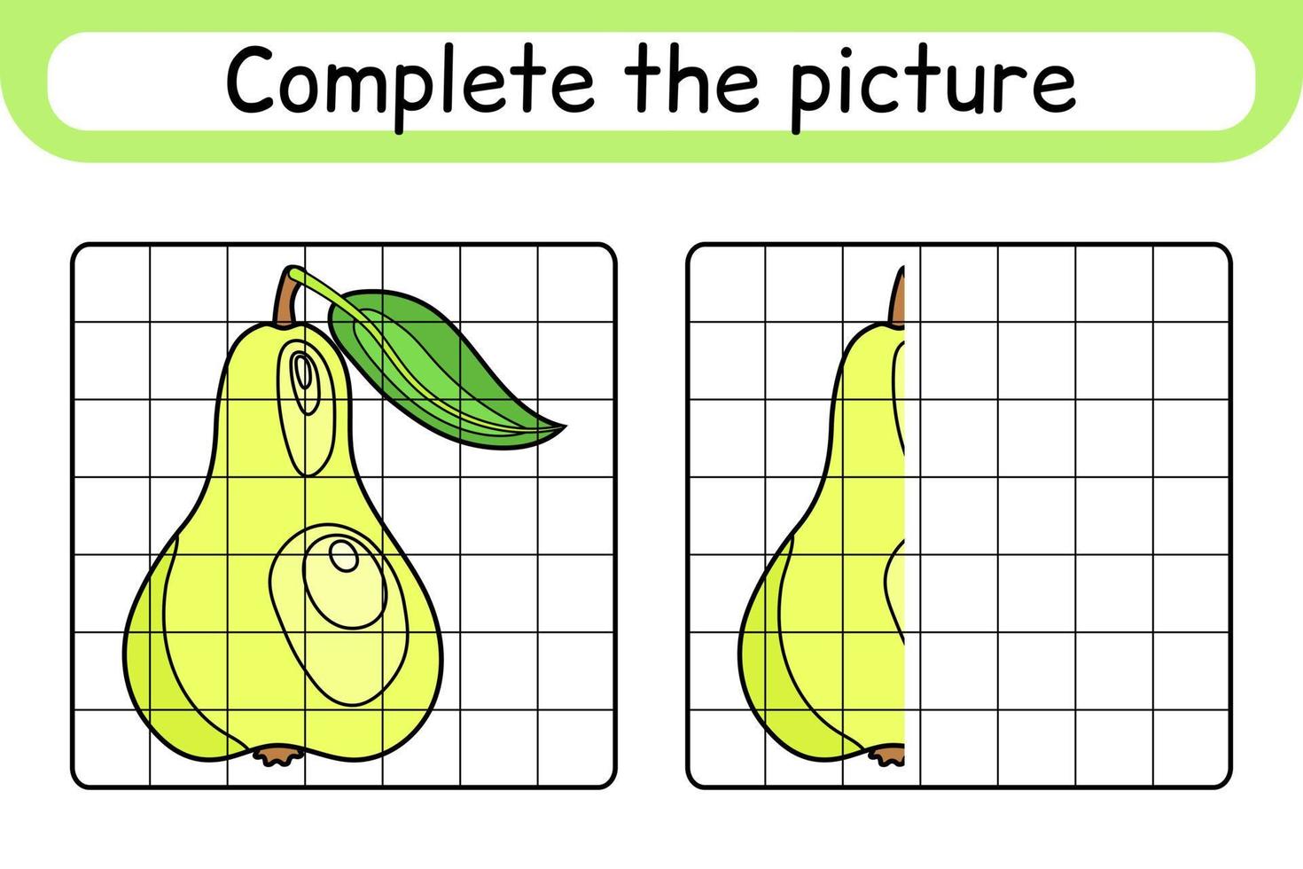 Complete the picture pear. Copy the picture and color. Finish the image. Coloring book. Educational drawing exercise game for children vector