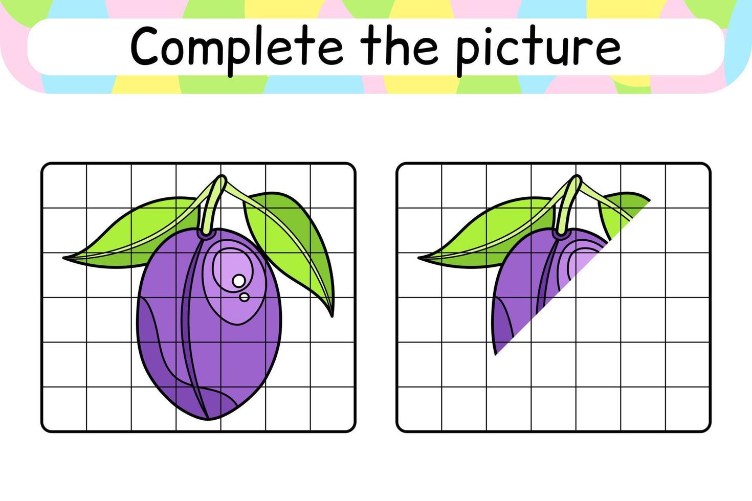 Complete the picture plum. Copy the picture and color. Finish the image. Coloring book. Educational drawing exercise game for children vector