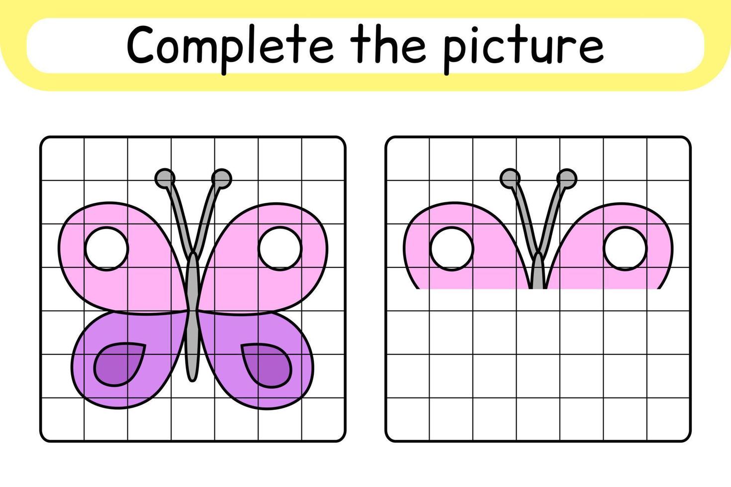 Completa la imagen de la mariposa. copiar la imagen y el color. terminar la imagen. libro de colorear. juego educativo de ejercicios de dibujo para niños vector