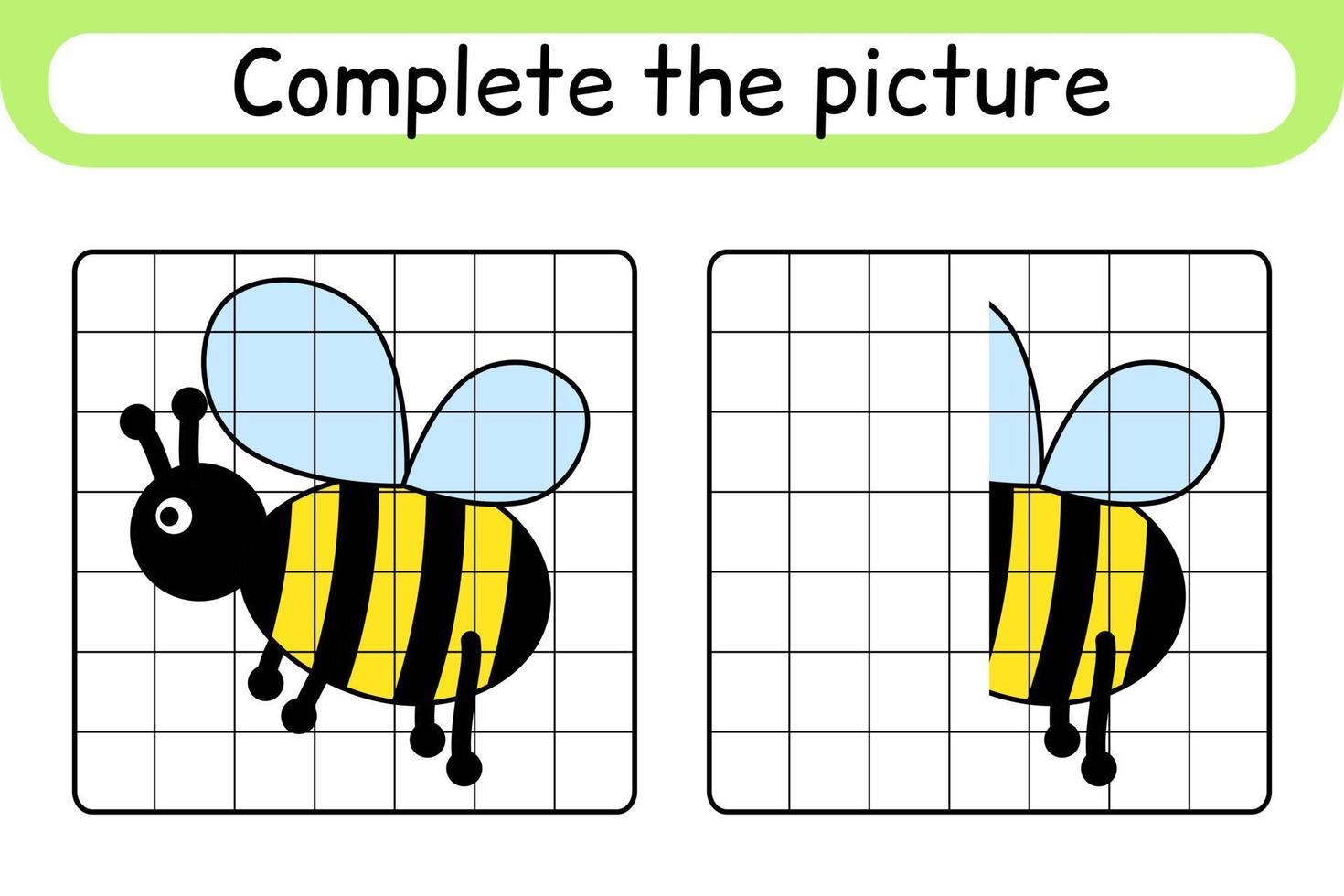 completa la imagen de la abeja. copiar la imagen y el color. terminar la imagen. libro de colorear. juego educativo de ejercicios de dibujo para niños vector