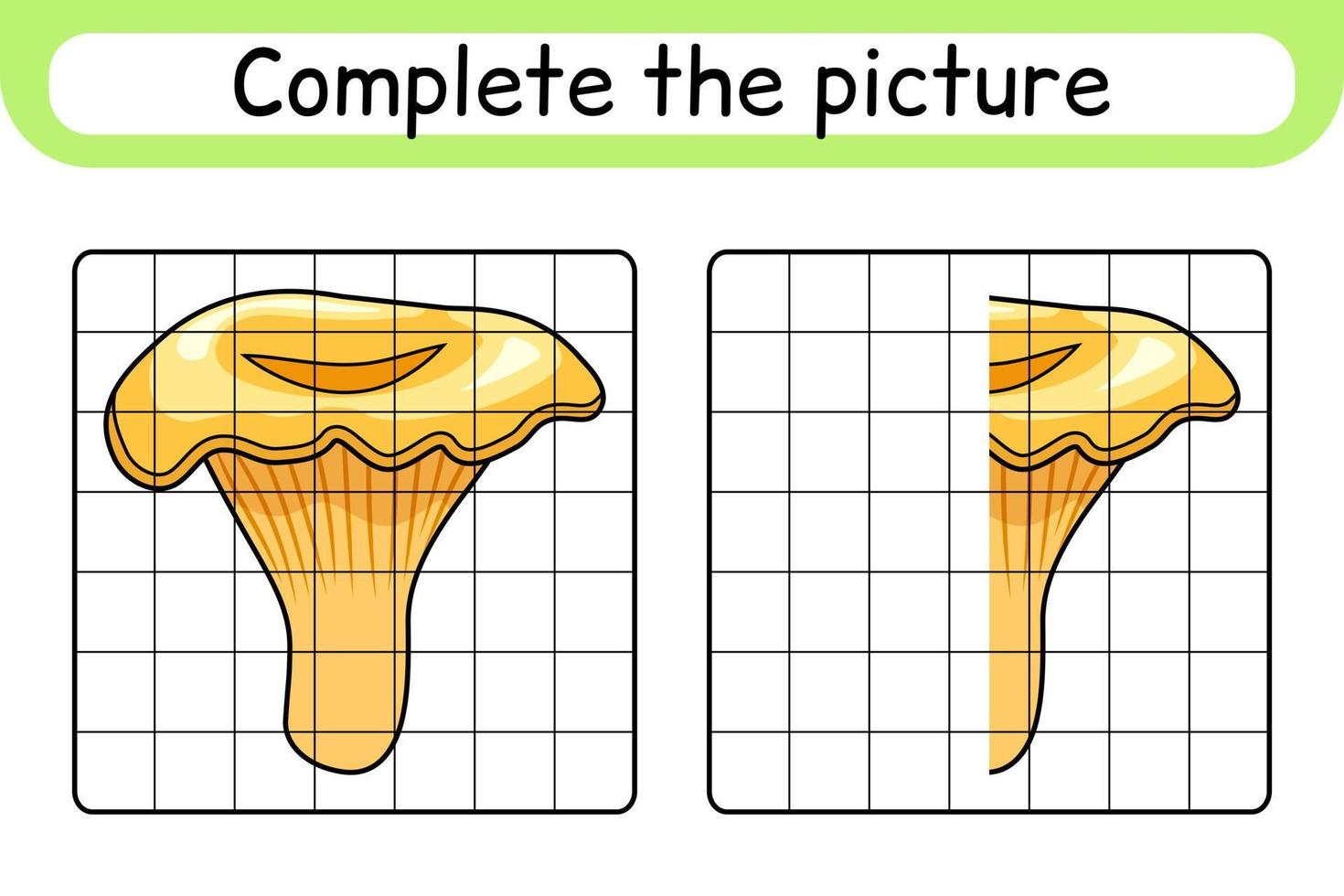 Complete the picture mushroom chanterelle. Copy the picture and color. Finish the image. Coloring book. Educational drawing exercise game for children vector