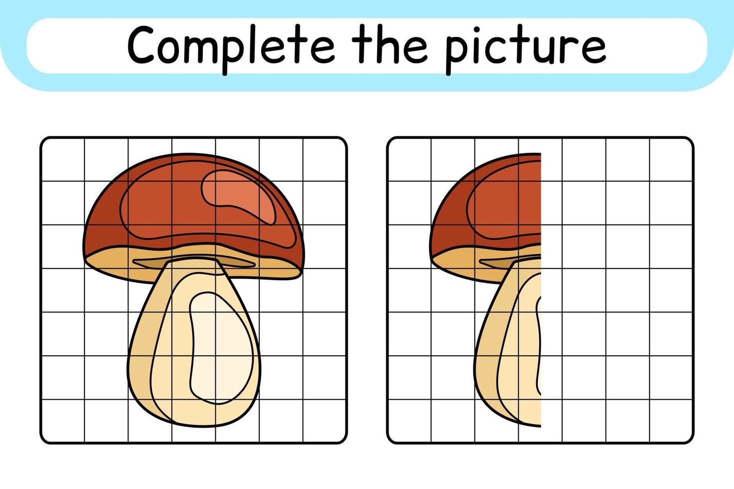 Complete the picture mushroom boletus. Copy the picture and color. Finish the image. Coloring book. Educational drawing exercise game for children vector