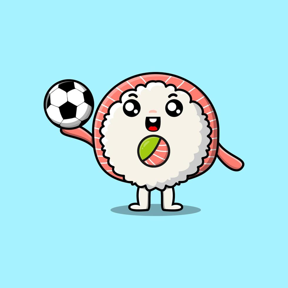 rollos de sushi de arroz de dibujos animados sashimi jugando al fútbol vector