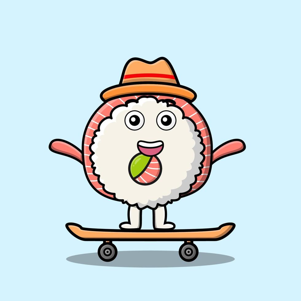 dibujos animados arroz sushi rollos sashimi soporte patineta vector