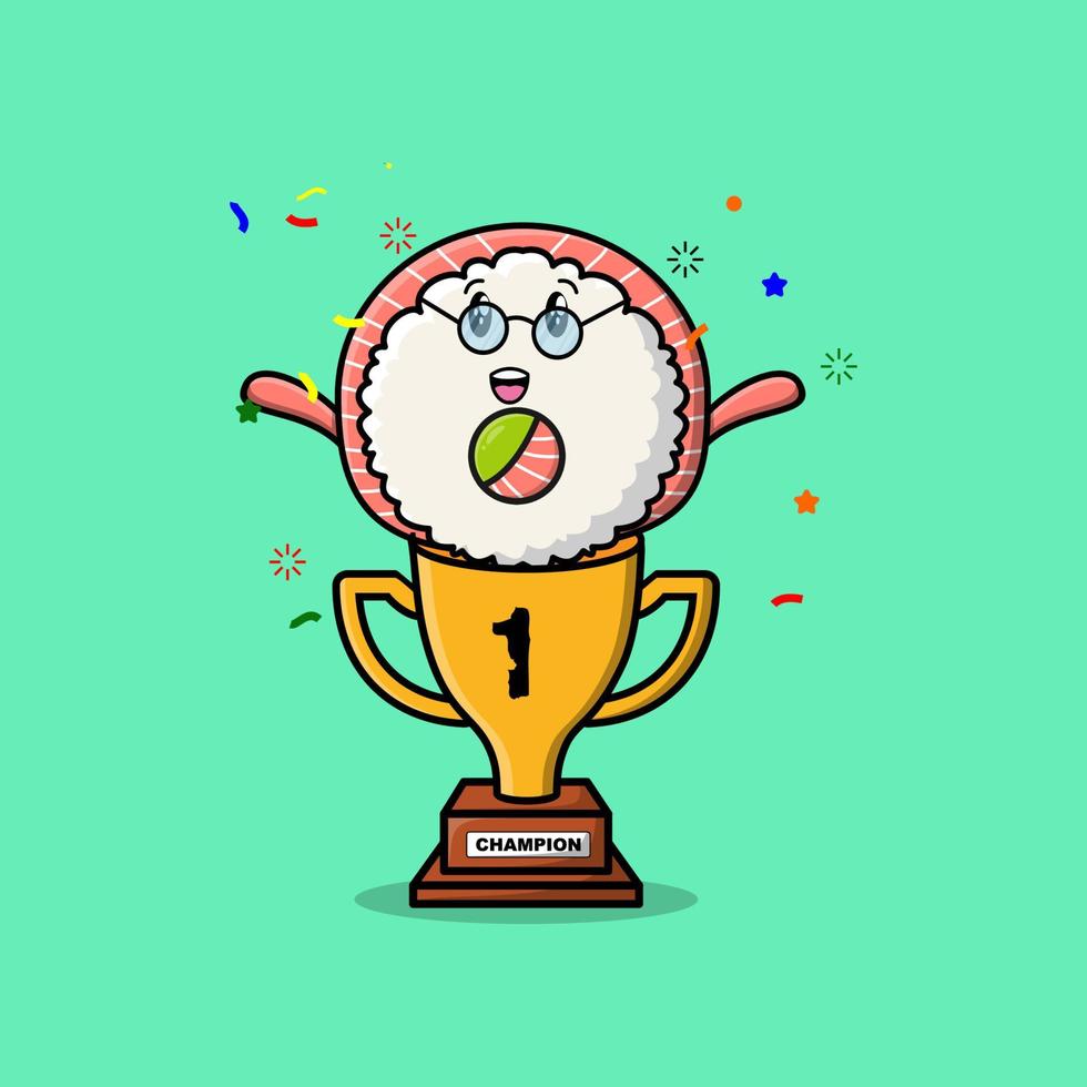 Cute cartoon Rice sushi rolls sashimi in trophy vector