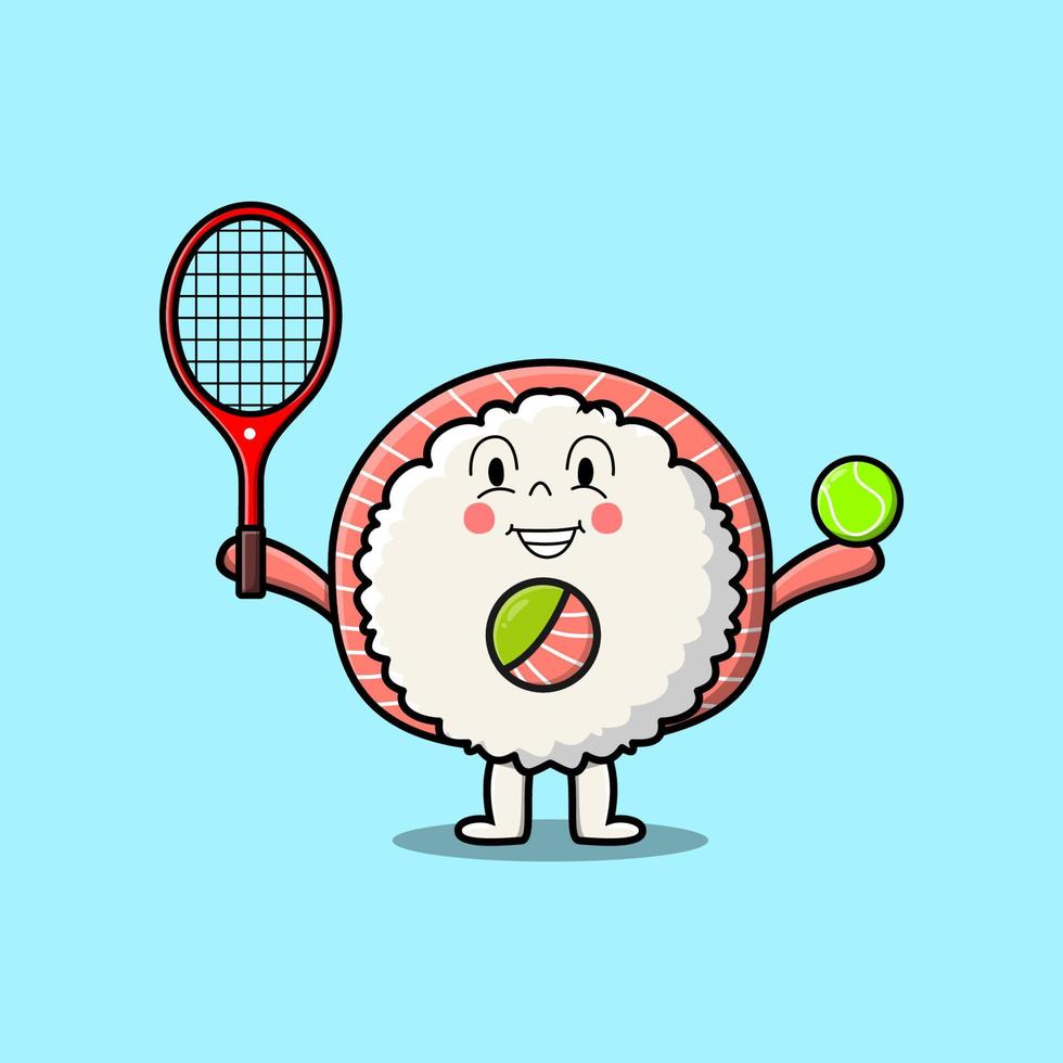 dibujos animados arroz sushi roll sashimi jugar tenis campo vector