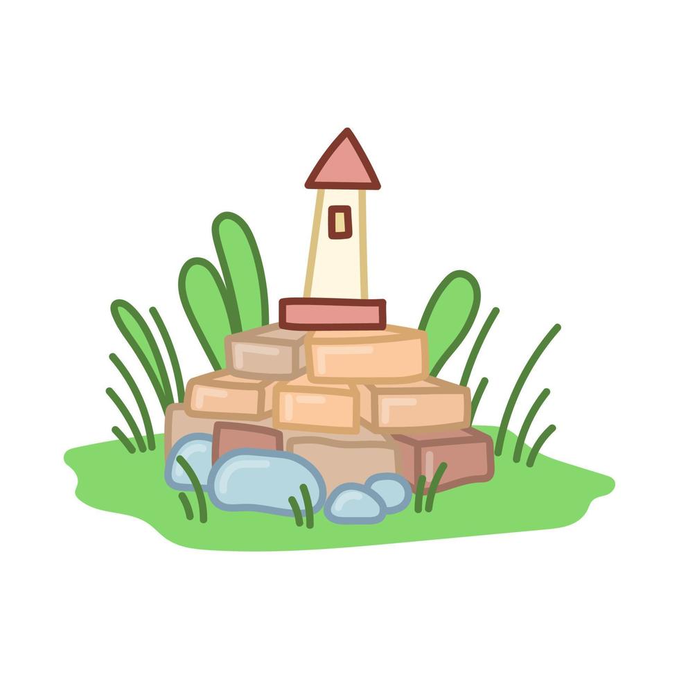 Lighthouse stands on bricks. Garden decoration on stone mountain. Vector art hand drawn on white background.