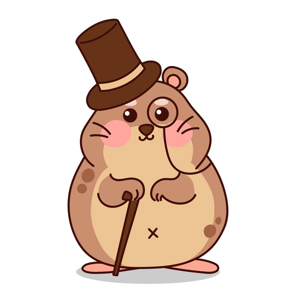 Male hamster in a extra tall top hat and with a cane. Cute animal character in brown color. Vector illustration isolated on white background.