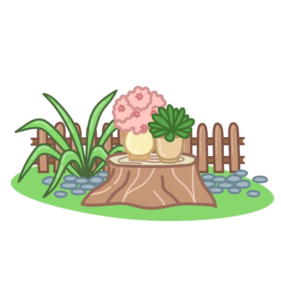 Garden lawn with stump and plants. Cute backyard. Colorful hand drawn art. Vector illustration isolated on white background.