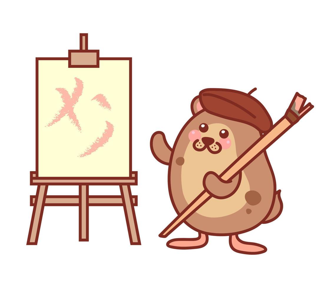 Hamster artist. Cute mouse in a beret and with a paintbrush. Big easel. Kawaii vector illustration isolated on white background.
