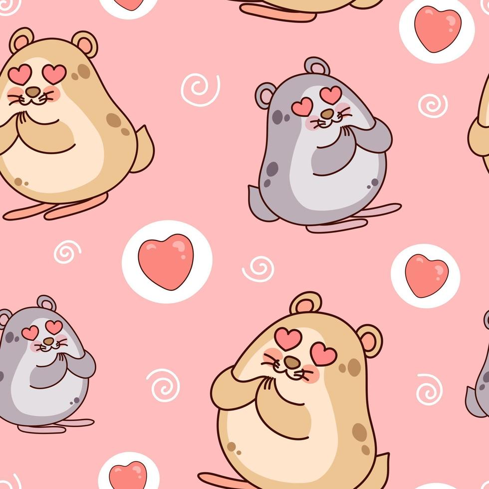 Kawaii hamster with hearts in eyes. Lovely mouse. Seamless pattern on pink background. vector