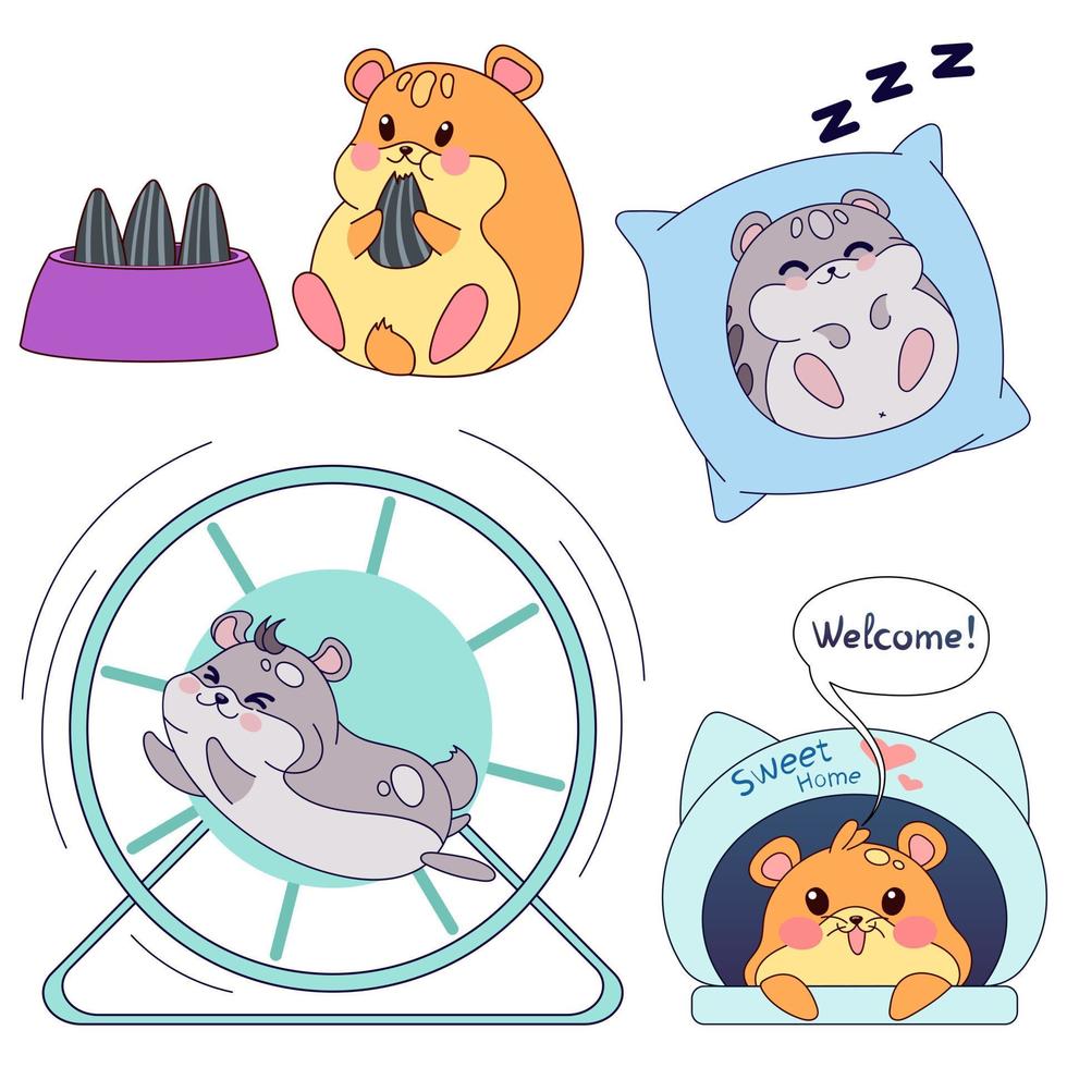 Cute hamsters. Kawaii cartoon set. Vector illustration isolated on white background.