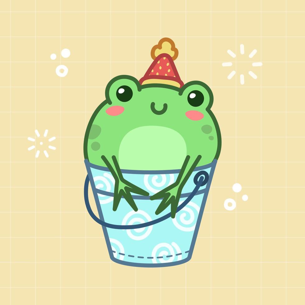 Cute frog is sitting in bucket. Kawaii character in japanese style. Cartoon vector illustration.