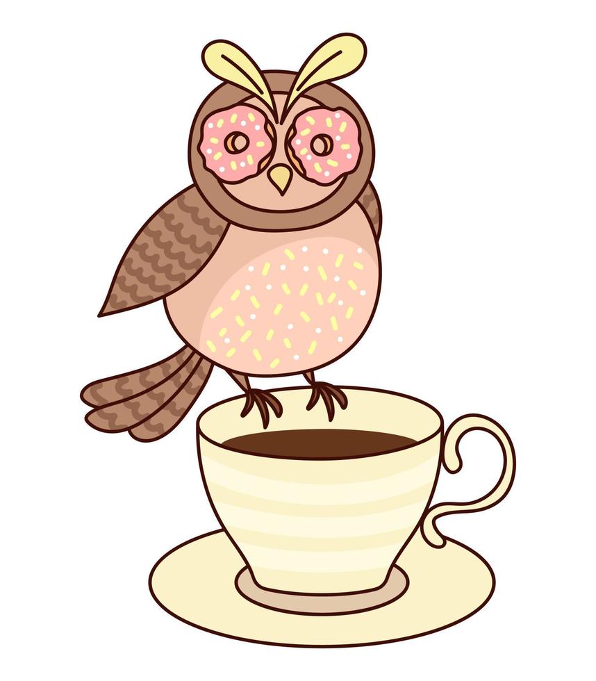 Owl with donuts instead of eyes. Funny bird sitting on cup of coffee. Cute vector illustration isolated on white background.