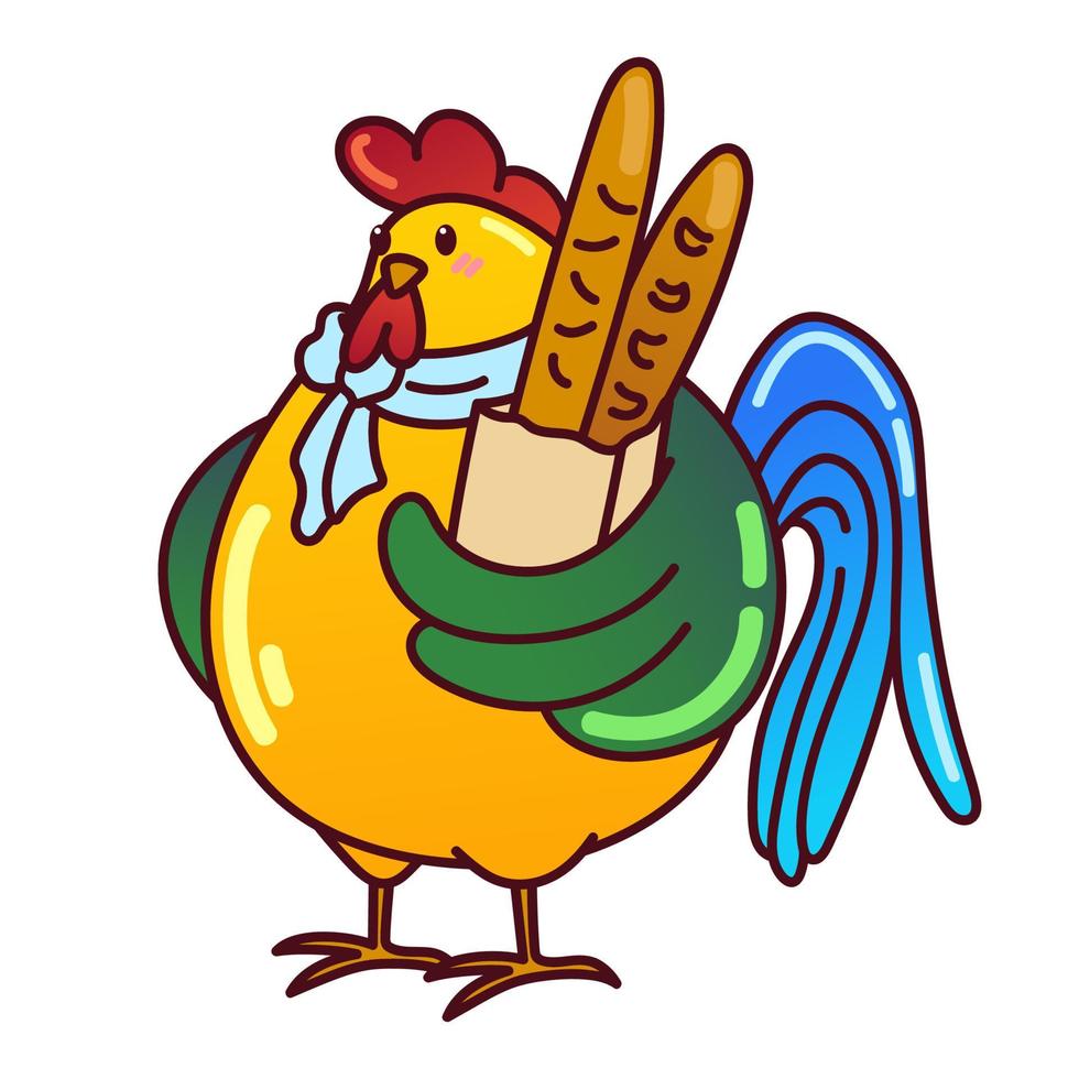 gallo con baguette y bufanda. pegatina colorida. pájaro lindo ilustración vectorial aislado sobre fondo blanco. vector