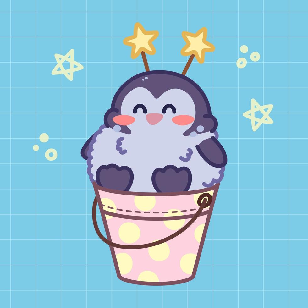 Cute penguin is sitting in bucket. Kawaii character in japanese style. Cartoon vector illustration.