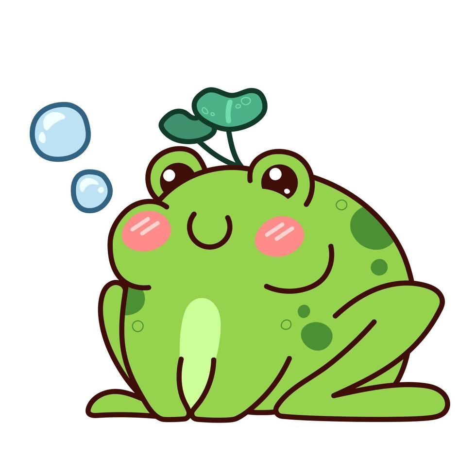 Kawaii frog with water lily leaves on head. Water bubbles. Cute character vector isolated on white background.