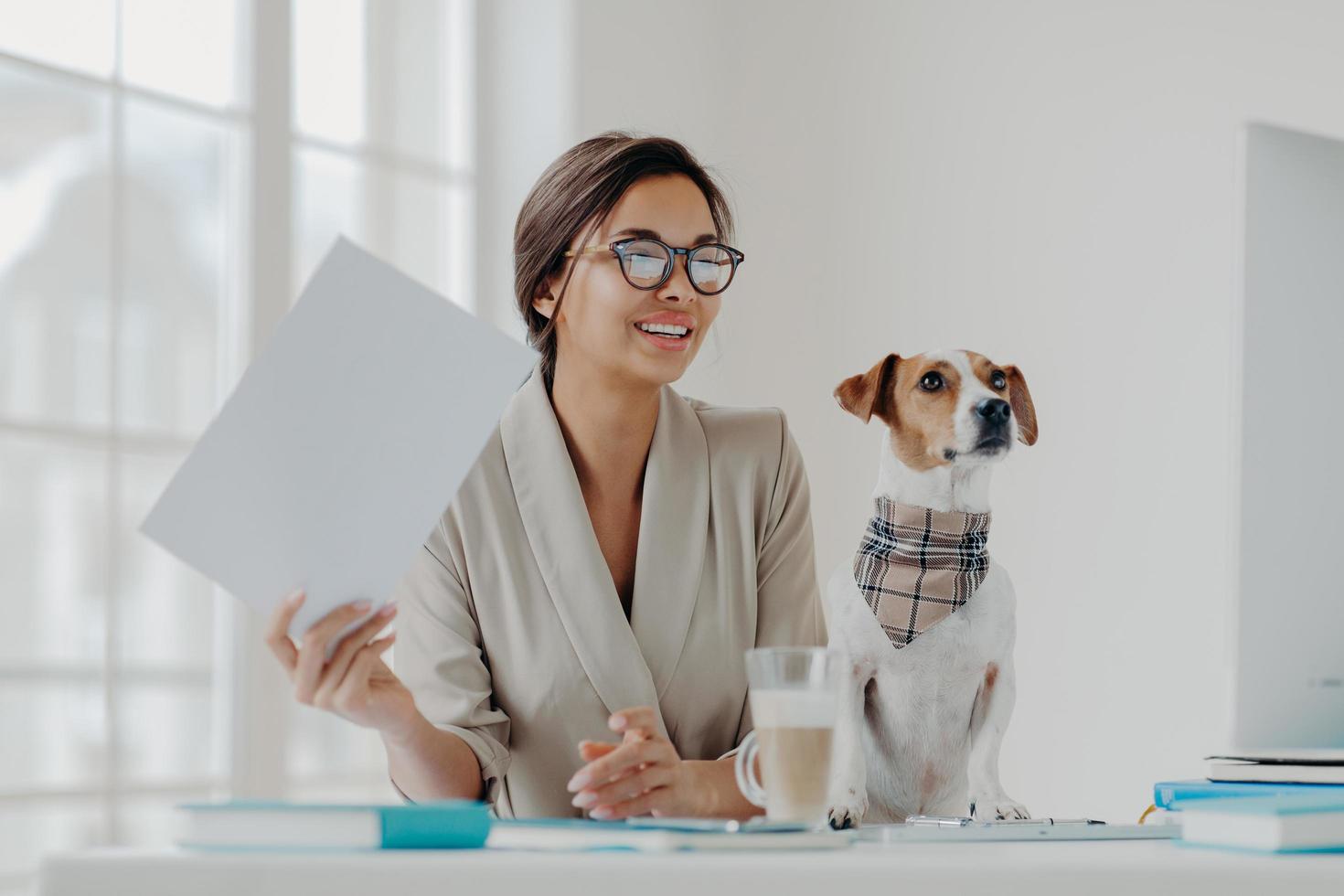 Busy female entrepreneur works with papers, prepares business report, concentrated in monitor of computer, dressed formally, dog sits near, pose at desktop with notepads around. Pet helps working photo