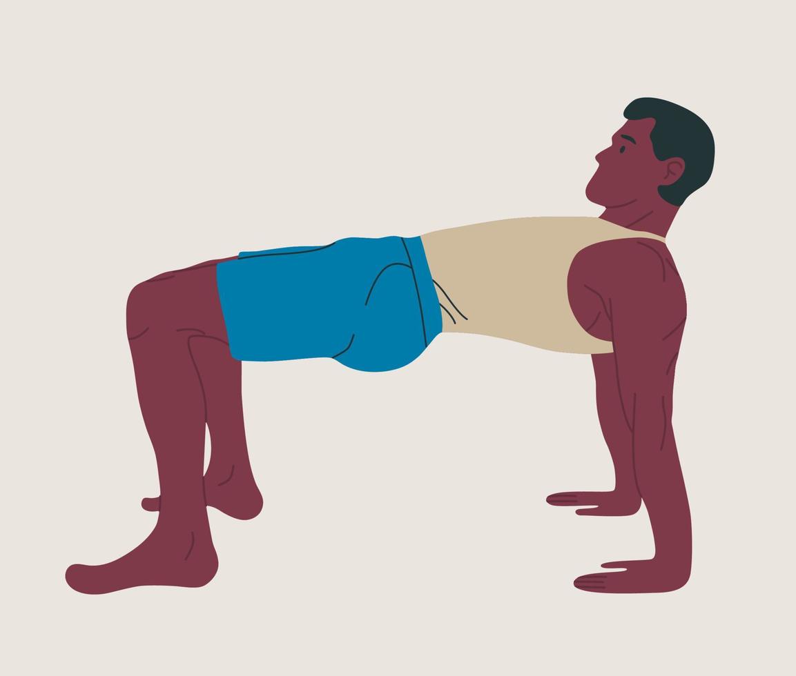 Man wearing sportswear doing Yoga. Young fit guy doing yoga. Hand drawn colored Vector illustration. Weight Loss. Health care and lifestyle concept. Male yoga.
