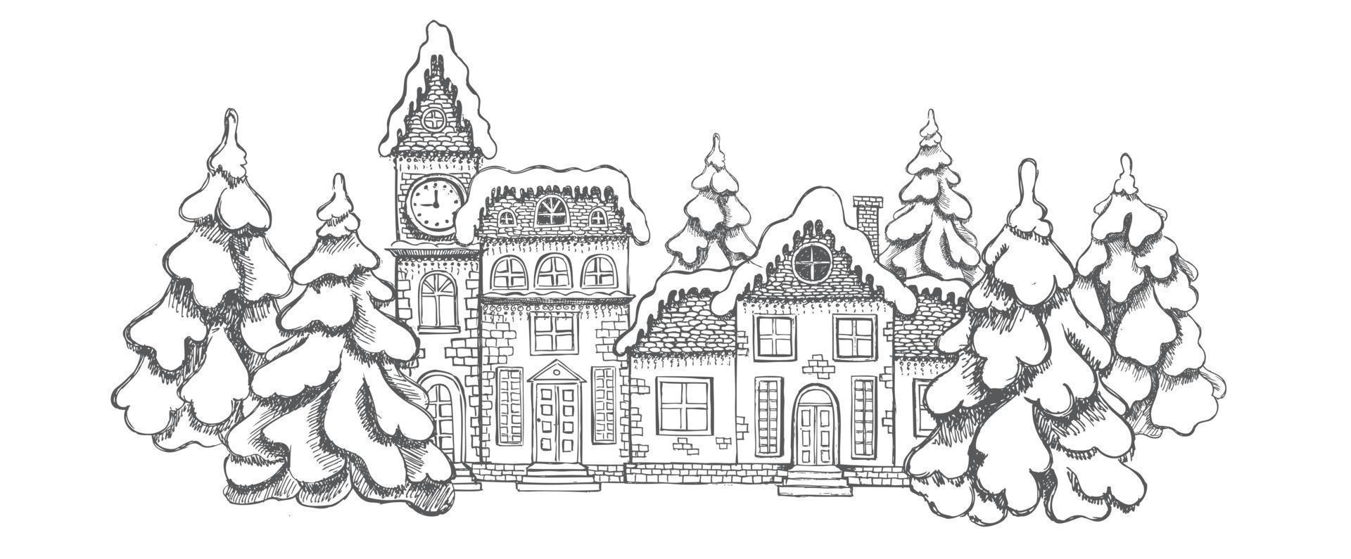 Illustration of houses. Christmas Greeting card. Set of hand drawn buildings. vector