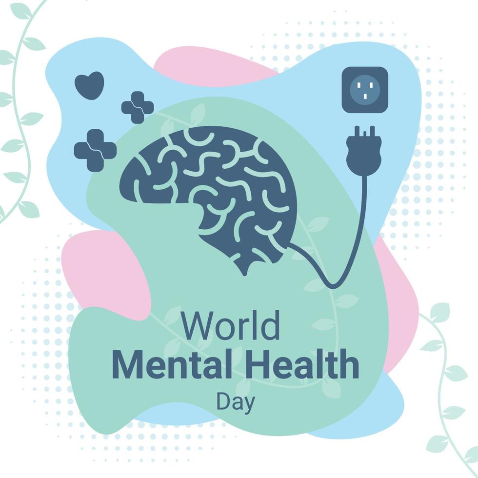 commemorating world mental health day, with the concept of a tired brain charging energy with plus and love effects vector
