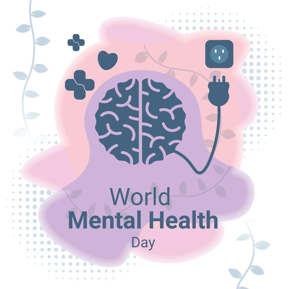 conmemorando el día mundial de la salud mental, con el concepto de un cerebro cansado cargando energía con efectos positivos y amorosos vector