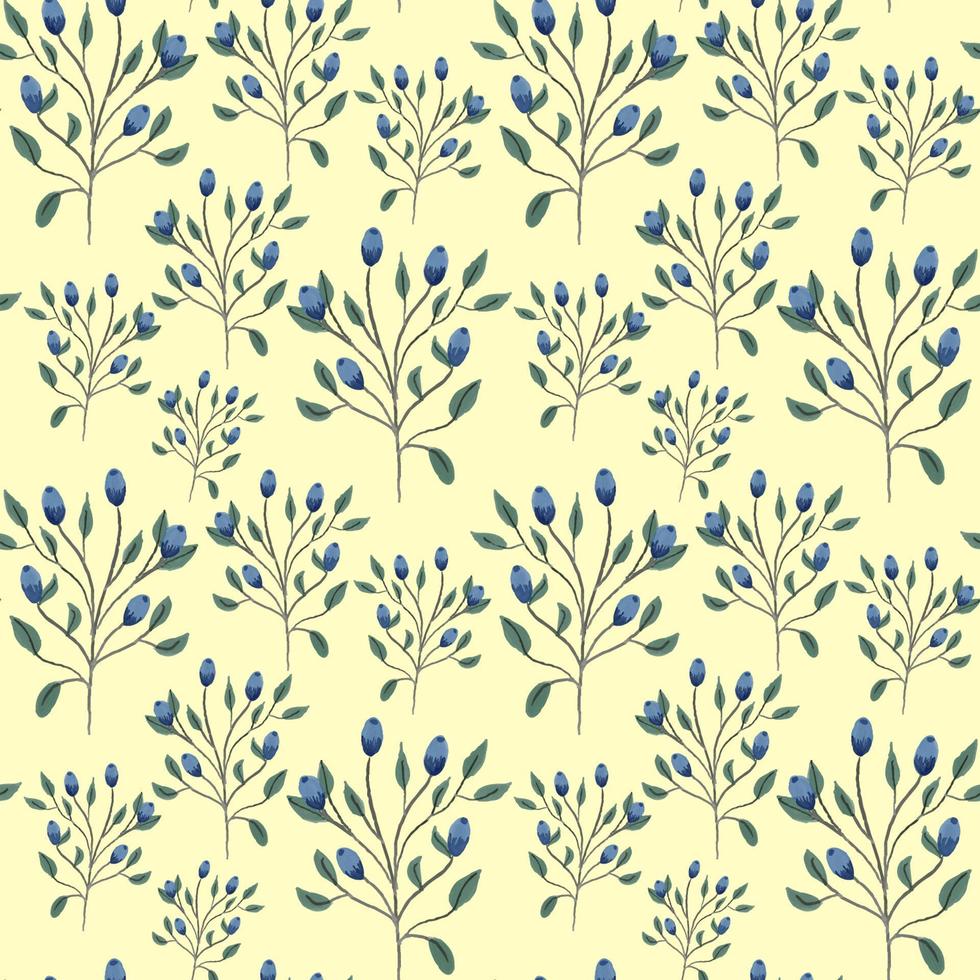Hand drawn vector floral seamless pattern with branches, leaves and blueberries on a white background. A cute simple decoration with plants and purple berries.