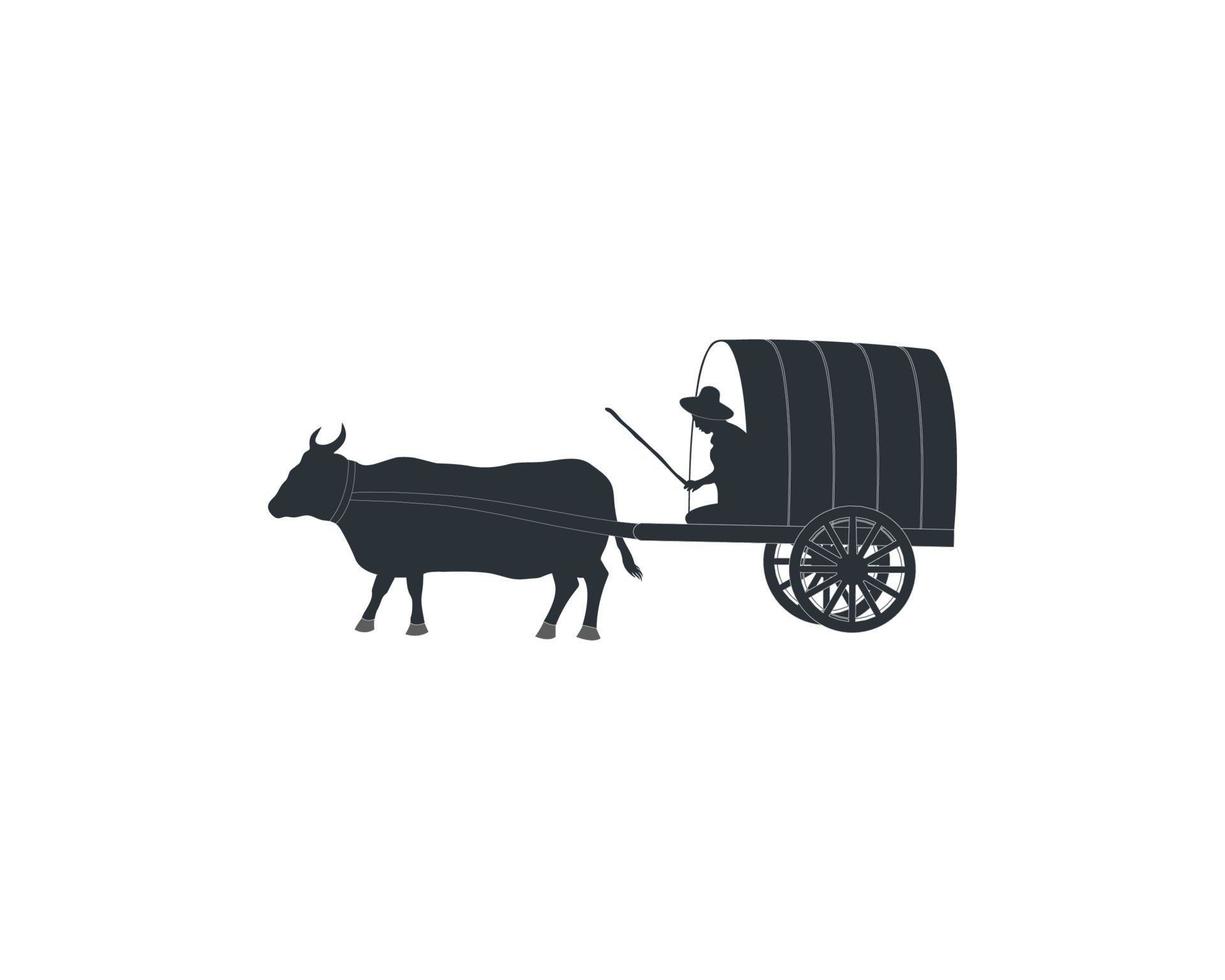 Farmer sitting a bullock cart, black and white illustration vector