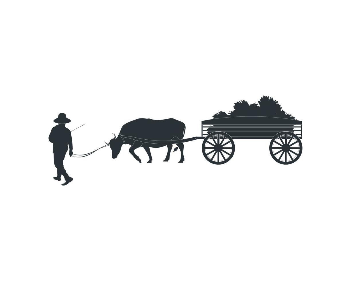 Rural man pulling cart by zebu bull, village traditional lifestyle, vector art