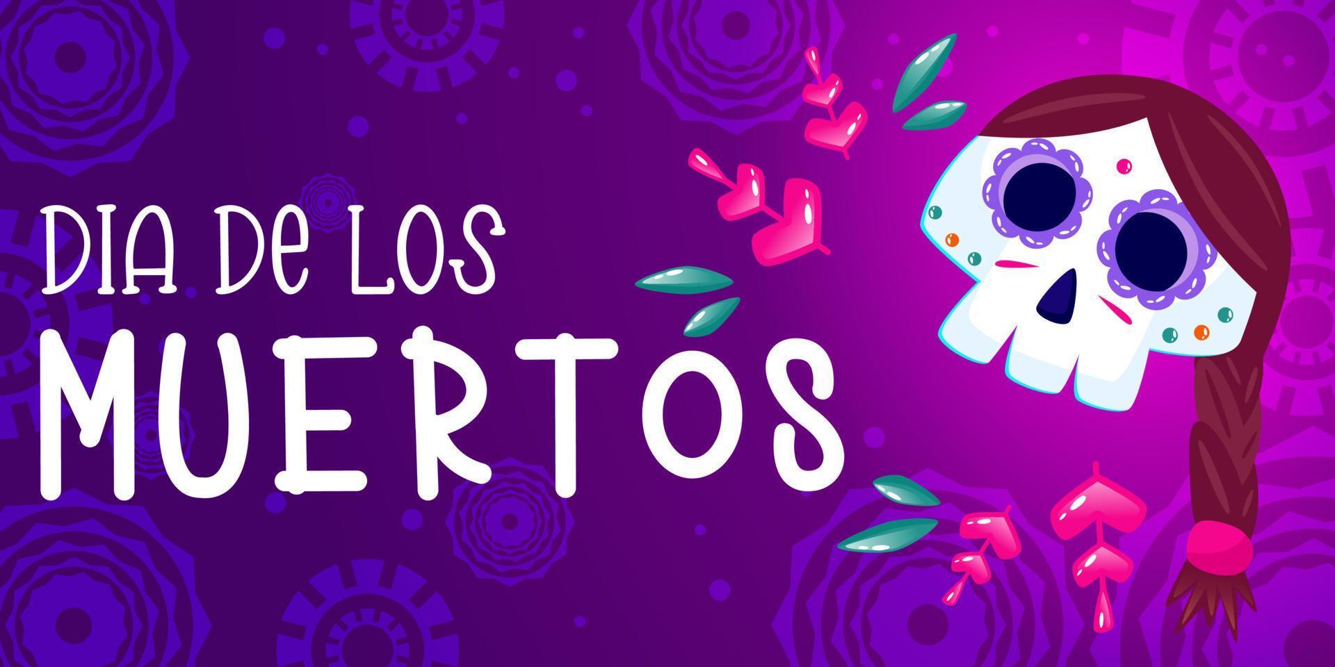 Muertos poster, day dead with skull on purple background. Halloween costume. Cartoon vector illustration. Holiday Muertos background. Mexico catrina skeleton poster.