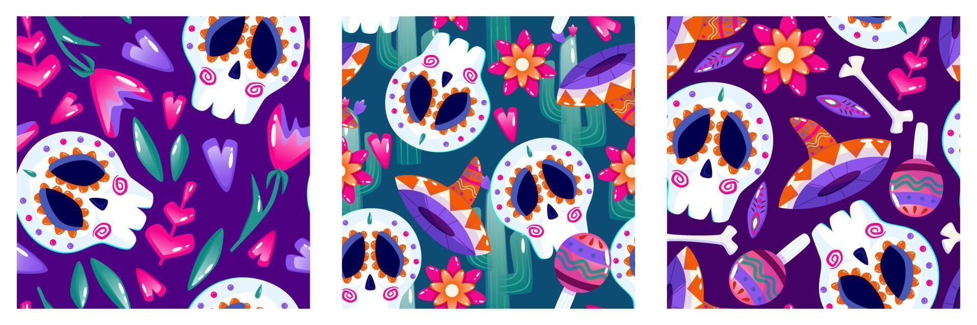 patrón de muertos con conjunto de calavera. fiesta de muertos del día de méxico. cara de calavera floral. fondo floral sin fisuras. halloween y festival tradicional de patrones sin fisuras vector