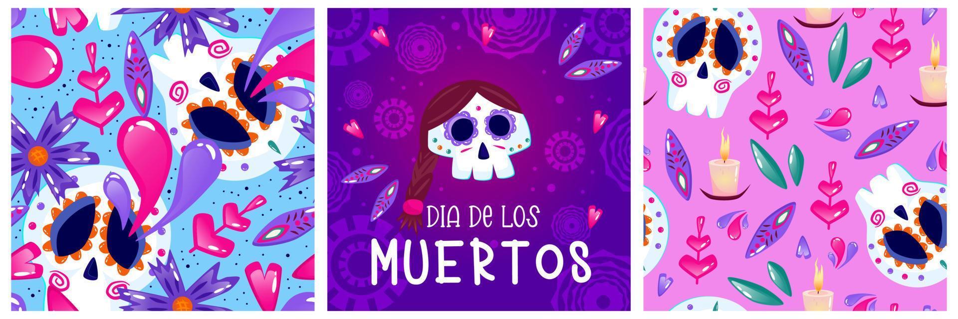 cartel de muertos, día muerto con calavera sobre fondo morado. disfraz de Halloween. ilustración vectorial de dibujos animados. fondo de muertos de vacaciones. México catrina esqueleto de patrones sin fisuras. vector