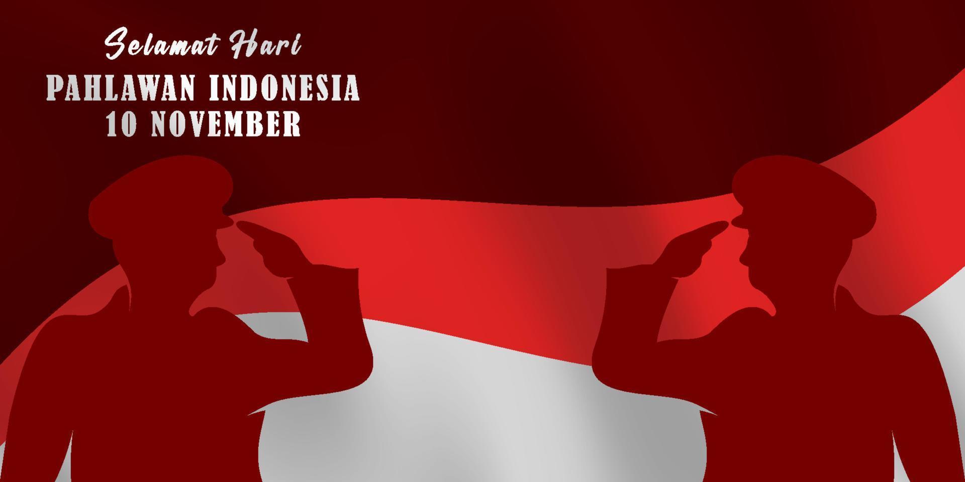 Happy Indonesian National Hero's Day background, with silhouettes of two soldiers vector