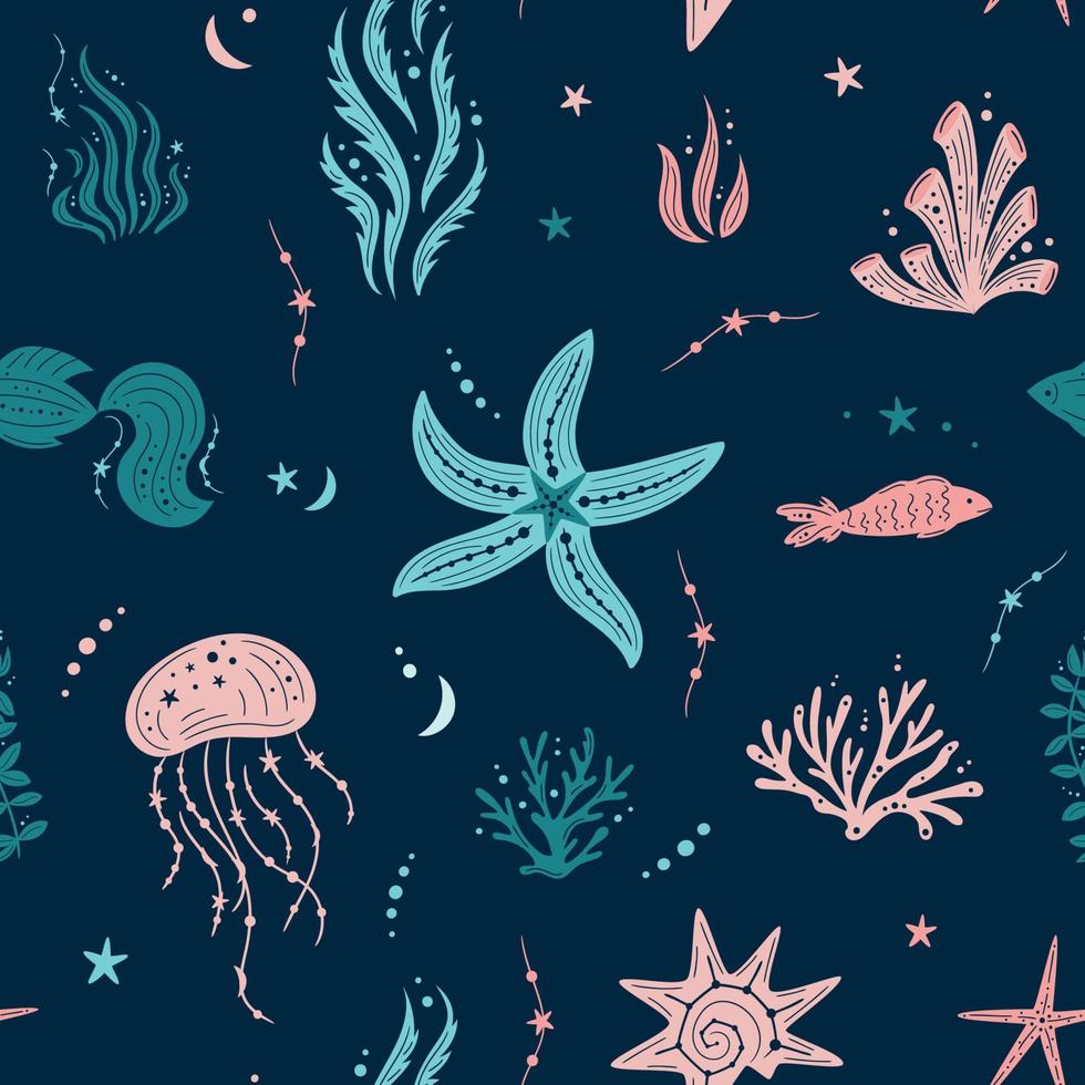 Seamless pattern with seashells, seaweed, fish, corals, jellyfish and starfishes. Marine dark blue background. For printing, fabric, textile, manufacturing, wallpapers. Under the sea vector