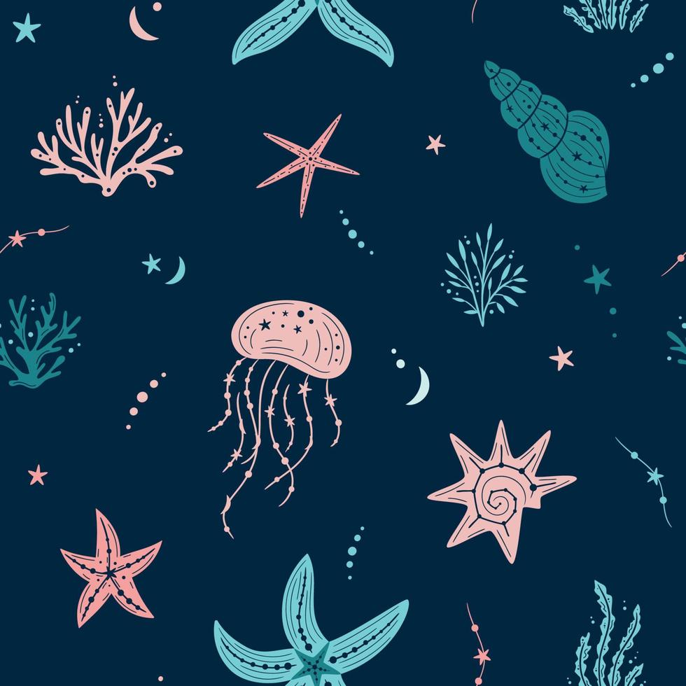 Seamless pattern with seashells, seaweed, corals, jellyfish and ...