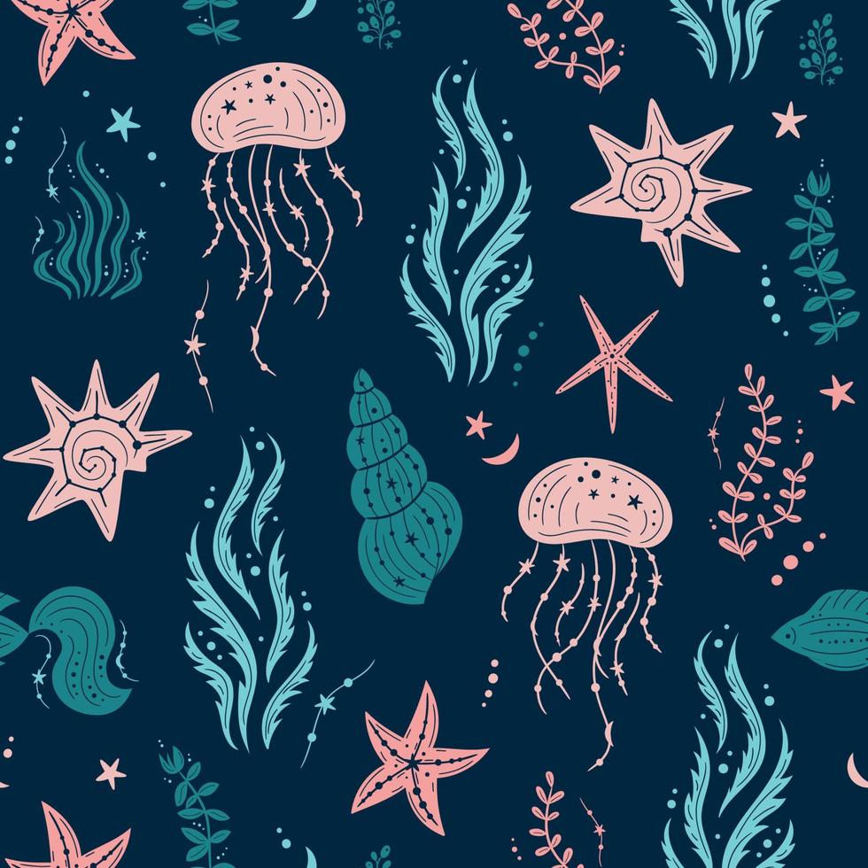 Seamless pattern with seashells, seaweed, jellyfish and starfishes. Marine dark blue background. For printing, fabric, textile, manufacturing, wallpapers. Under the sea vector