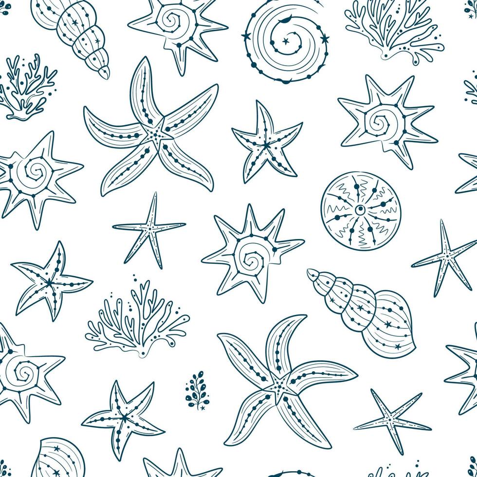 patrón impecable con conchas marinas, corales y estrellas de mar. fondo azul oscuro marino. para impresión, tela, textil, fabricación, papel pintado. fondo del mar vector