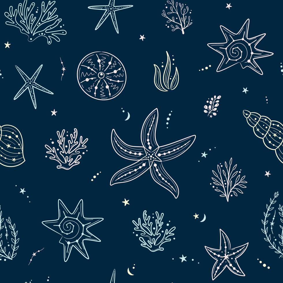 Seamless pattern with seashells, corals and starfishes. Marine dark blue background. For printing, fabric, textile, manufacturing, wallpapers. Sea bottom vector