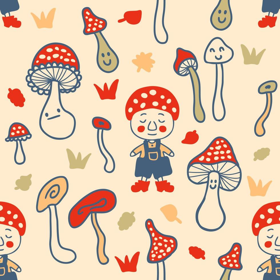 Cozy seamless pattern with gnomes and agaric mushrooms. vector