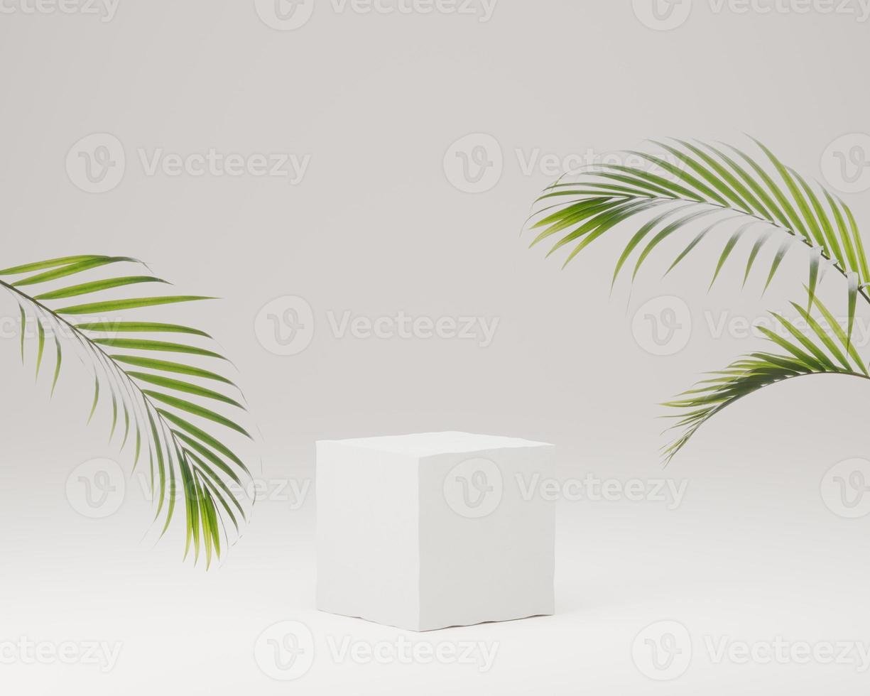 maqueta exhibición de de podio de cubo para presentación producto decorada con hojas tropicales verdes, estudio de renderizado 3d para escena mínima de producto cosmético con plataforma Foto