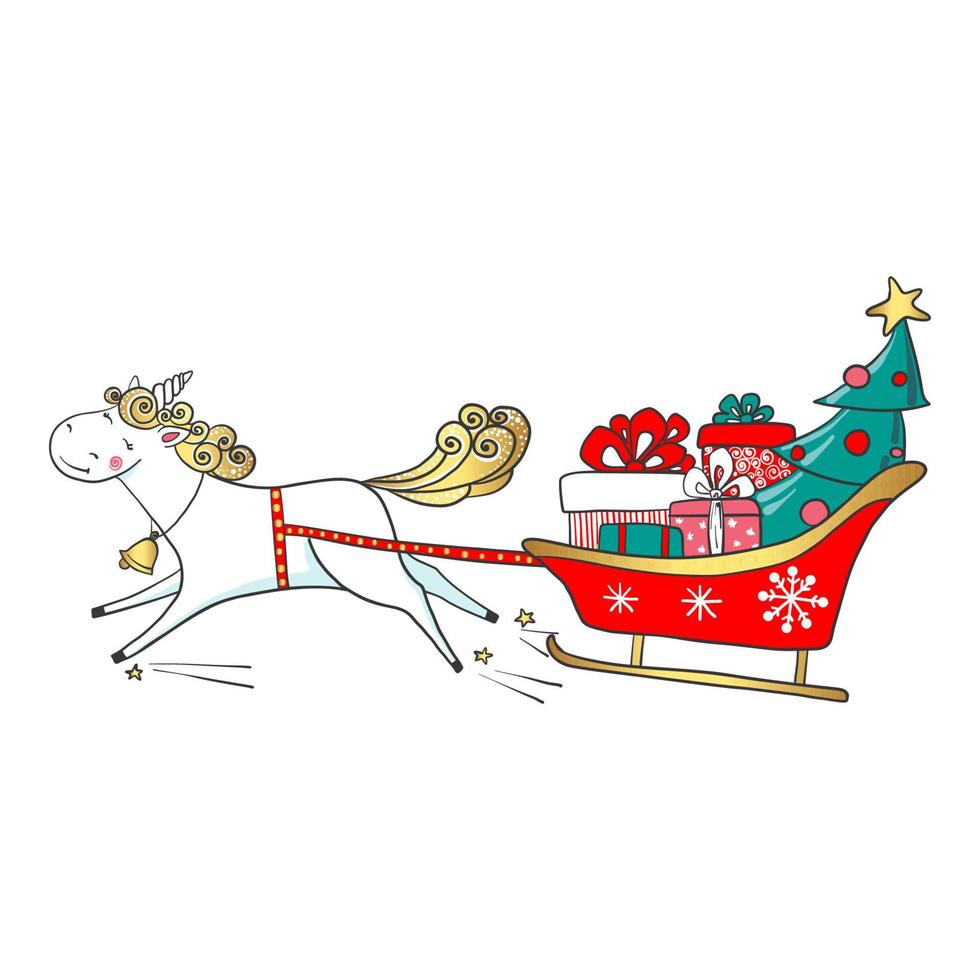 Hand drawn cute unicorn with sledge full of gifts isolated on white background. Cartoon fantasy animal. Dream symbol. Christmas concept. Vector illustration.