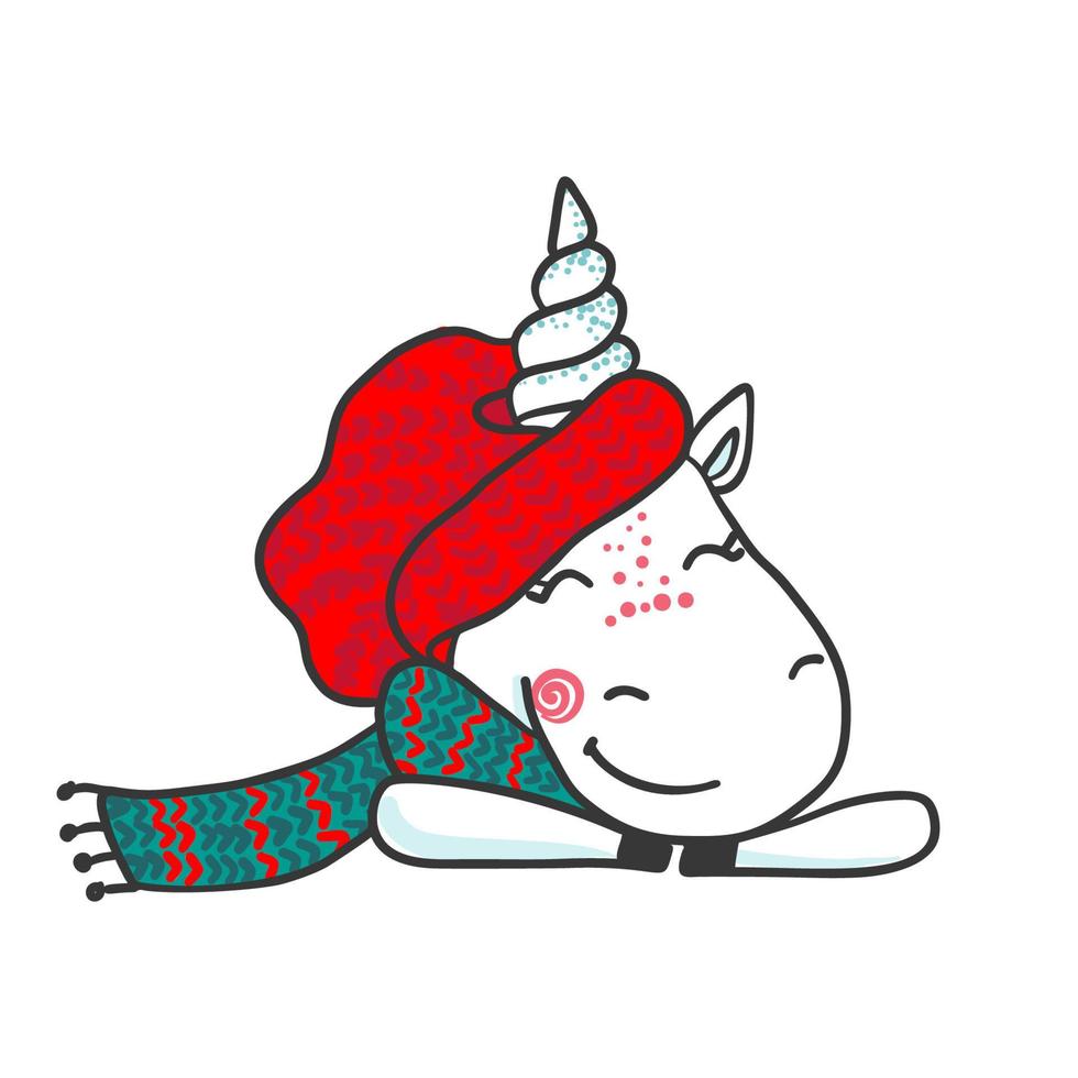 Unicornio de invierno mágico lindo dibujado a mano aislado sobre fondo blanco. dibujos animados de animales de fantasía. símbolo de sueño. elemento de diseño para tarjetas de felicitación, camisetas y otros. ilustración vectorial vector