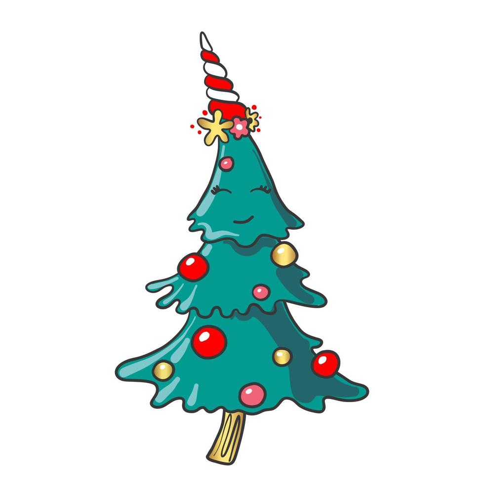 Hand drawn smiling cartoon christmas tree. isolated on white background. Cartoon style. Design element for greeting cards, t-shirt and other. Vector illustration.